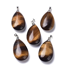 Honeyhandy Natural Tiger Eye Pendants, with Brass Finding, Teardrop, 35x20x7.5~9mm, Hole: 4x3.5mm