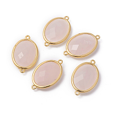 Honeyhandy Golden Tone Brass Rose Quartz Links connectors, Faceted, Oval, 26x15x6mm, Hole: 1~2mm