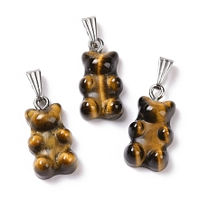 Honeyhandy Natural Tiger Eye Pendants, with Stainless Steel Color Tone 201 Stainless Steel Findings, Bear, 27.5mm, Hole: 2.5x7.5mm, Bear: 21x11x6.5mm