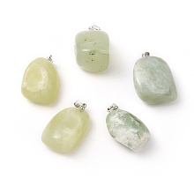 Honeyhandy Natural New Jade Pendants, with Platinum Tone Brass Findings, Nuggets, 23~30x13~22x12~20mm, Hole: 5x3mm