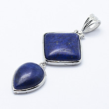 Honeyhandy Natural Lapis Lazuli Big Pendants, with Brass Findings, Dyed, Platinum, Teardrop & Rhombus, 53x25x7mm, Hole: 6x9.5mm