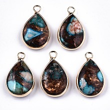 Honeyhandy Teardrop Assembled Synthetic Bronzite and Regalite/Imperial Jasper Pendants, with Iron Loop and Brass Edge, Light Gold, Dyed, Deep Sky Blue, 22~23x14x5~6mm, Hole: 2mm