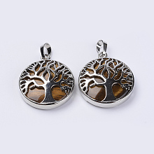 Honeyhandy Natural Tiger Eye Pendants, with Platinum Plated Brass Findings, Flat Round with Tree of Life, 31x27x8mm, Hole: 3.5x7mm