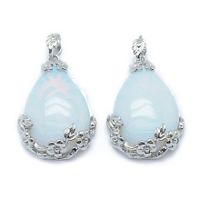 Honeyhandy Opalite Pendants, with Alloy Findings, teardrop, Platinum, 40.5x28.5x10mm, Hole: 4.5x8mm