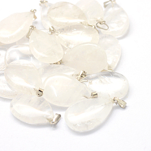 Honeyhandy Teardrop Natural Quartz Crystal Pendants, Rock Crystal, with Platinum Tone Brass Findings, 25~29x16~17x5~6mm, Hole: 2x7mm