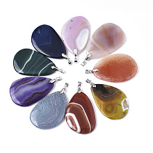 Honeyhandy Natural Agate Big Pendants, with Platinum Plated Brass Pinch Bails, Dyed, Teardrop, Mixed Color, 58~59x38~40x5~7mm, Hole: 4x5mm