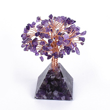 Honeyhandy Natural Amethyst Chips and Gemstone pedestal Display Decorations, Healing Stone Tree, for Reiki Healing Crystals Chakra Balancing, with Rose Gold Tone Aluminum Wires, Lucky Tree, 120~150x60x59mm