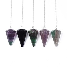 Honeyhandy Natural Fluorite Hexagonal Pointed Dowsing Pendulums, with Copper Clad Iron Cross Chains, Cone/Spike, Platinum, 255~260mm, Hole: 2mm