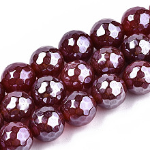 Honeyhandy Electroplate Natural Agate Beads Strands, Dyed, Faceted, Pearl Luster Plated, Round, Dark Red, 10.5mm, Hole: 1.2mm, about 36~37pcs/strand, 14.37 inch~14.57 inch(36.5cm~37cm)