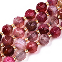 Honeyhandy Natural Agate Beads Strands, Faceted, with Seed Beads, Dyed, Round, Hot Pink, 8x7.5mm, Hole: 1.2mm, Beads: 3.5x2mm, about 34pcs/strand, 15.35 inch(39cm)