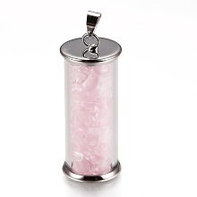 Honeyhandy Alloy & Glass Wish Bottle Pendants, with Natural Rose Quartz Chips, Platinum, Column, 35x13.5mm, Hole: 4x3.5mm