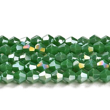 Honeyhandy Opaque Solid Color Electroplate Glass Beads Strands, AB Color Plated, Faceted, Bicone, Sea Green, 4x4mm, Hole: 0.8mm, about 82~85pcs/strand, 30.5~31cm