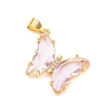 Honeyhandy Glass Pendants, with Brass Clear Micro Pave Cubic Zirconia, Butterfly, Golden, Pink, 24x21x4mm, Hole: 5.5x3.5mm