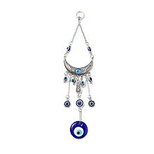 Honeyhandy Crescent Moon Pendant Decorations, Handmade Lampwork & Alloy & Resin Evil Eye Car Hanging Ornaments, Antique Silver, 227mm, Hole: 10.5mm