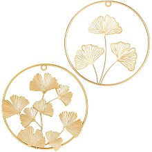 PandaHall Elite 2 Styles Metal Wall Decor, 8.2 Inch Ginkgo Leaves Wall Sculptures with Frame Gold Round Wall Ornaments for Living Room Bedroom Office Hanging Parts Hotel Background Wall Decor