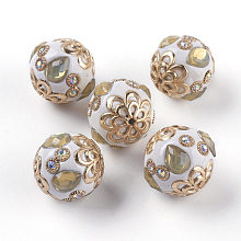 Honeyhandy Handmade Indonesia Beads, with Metal Findings and Rhinestones, Light Gold Color Plated, Round, Light Gold, 18x19.5mm, Hole: 1mm