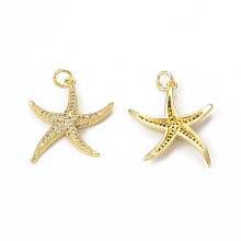 Honeyhandy Brass Micro Pave Cubic Zirconia Pendants, with Jump Rings, Starfish Charm, Golden, 23x20.5x3mm, Hole: 3mm