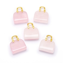 Honeyhandy Natural Rose Quartz Brass Pendants, Golden, Bag, 27~28x23.5~24x8.5mm, Hole: 6x6.5mm