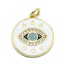 Honeyhandy Brass Micro Pave Clear Cubic Zirconia Pendants, Real 18K Gold Plated, Long-Lasting Plated, with Enamel and Jump Rings, Flat Round with Eye, White, 19x17x1mm, Hole: 3mm, Jump rings: 5x0.7mm.