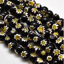 Honeyhandy Round Millefiori Glass Beads Strands, Black, 7.6~8mm, Hole: 1mm, about 48pcs/strand, 14.9 inch