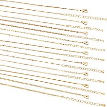 BENECREAT 9Pcs 9 Style 18K Gold Plated Brass Chain Necklaces Set, Bulk Metal Chains with 1Pc Metallic Wire Twist Ties for Jewelry Making