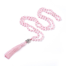 Honeyhandy Tassel Pendant Necklaces, with Natural Rose Quartz Beads, Buddha Head, 31.1 inch~33 inch(79~84cm)