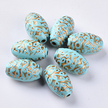 Honeyhandy Plating Acrylic Beads, Golden Metal Enlaced, Oval, Dark Turquoise, 24.5x15mm, Hole: 2.5mm, about 160pcs/500g