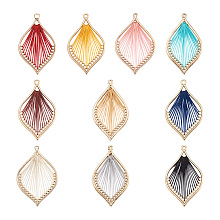 Beadthoven 20Pcs 10 Colors Alloy Leaf Pendant, with Polyester Pendant, Cotton Thread Woven Pendants, Mixed Color, 41~43x26.5x2mm, hole: 1.5~1.8mm, 2pcs/color