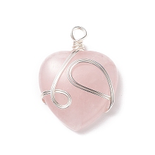 Honeyhandy Natural Rose Quartz Pendants, with Silver Tone Copper Wire Wrapped, Heart, 39~41x30~30.5x8.5~9.5mm, Hole: 4~4.2mm