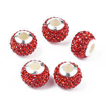 Honeyhandy Handmade Polymer Clay Rhinestone European Beads, with Silver Tone CCB Plastic Double Cores, Large Hole Beads, Rondelle, Siam, 12.5~13x10mm, Hole: 4.5mm