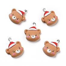 Honeyhandy Christmas Opaque Resin Pendants, with Platinum Tone Iron Loops, Bear with Christmas Hat Charm, Camel, 27x22x7.5mm, Hole: 2x2.5mm