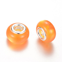 Honeyhandy Resin European Beads, Imitation Cat Eye, Large Hole Beads, with Silver Color Plated Brass Cores, Rondelle, Orange, 14x8~8.5mm, Hole: 5mm