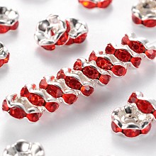 Honeyhandy Brass Rhinestone Spacer Beads, Grade A, Red, Silver Color Plated, Nickel Free, Size: about 6mm in diameter, 3mm thick, hole: 1mm