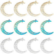 DICOSMETIC 12Pcs 3 Colors 304 Stainless Steel Pendants, Moon, Mixed Color, 40x34x1.5mm, Hole: 1.5mm, 4pcs/color