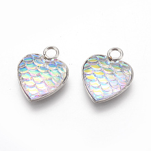 Honeyhandy 304 Stainless Steel Pendants, with Resin, Heart with Fish Scale Shape, Stainless Steel Color, Colorful, 16x13x3.5mm, Hole: 2mm