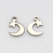 Honeyhandy 304 Stainless Steel Moon and Star Charms, Stainless Steel Color, 11x7x1mm, Hole: 1mm