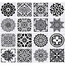 Plastic Drawing Painting Stencils Templates, Floral, White, 15x15x0.02cm; 16pcs/set