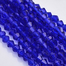 Honeyhandy Faceted Bicone Glass Beads Strands, Blue, 4x4mm, Hole: 1mm, about 92~96pcs/strand, 13.78~14.37 inch