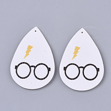 Honeyhandy PU Leather Big Pendants, Single-Sided, teardrop, with Glasses, White, 56x36.5x2mm, Hole: 1.2mm