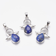 Honeyhandy Natural Lapis Lazuli Pendants, Angel, with Brass Finding, Platinum, 34x25.5x4.5~6.5mm, Hole: 4~5x7mm