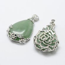 Honeyhandy Natural Green Aventurine Pendants, with Brass Findings, teardrop, Platinum, 40.5x27x8.5mm, Hole: 4x6.5mm