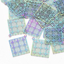 NBEADS 201 Stainless Steel Filigree Pendants, Etched Metal Embellishments, Rhombus, Multi-color, 38x36x0.3mm, Hole: 1.6mm; Diagonal Length: 38mm; Side Length: 26mm