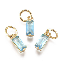 Honeyhandy Brass Micro Pave Cubic Zirconia Charms, Long-Lasting Plated, with Jump Ring, Real 18K Gold Plated, Rectangle, Light Sky Blue, 10x3x3mm, Hole: 3mm