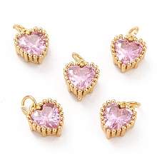 Honeyhandy Real 18K Gold Plated Brass Inlaid Cubic Zirconia Charms, with Jump Ring, Long-Lasting Plated, Heart, Pink, 8.5x7x4mm, Jump Ring: 4x0.5mm, 2.5mm Inner Diameter