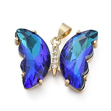 Honeyhandy Brass Micro Pave Clear Cubic Zirconia Pendants, with Glass, Butterfly, Golden, Blue, 20x26.5x5mm