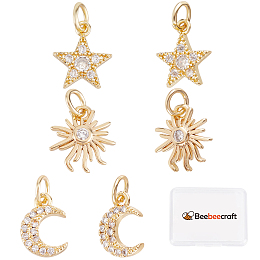 Beebeecraft 12Pcs 3 Style 18K Gold Plated Sun Moon Star Charms Cubic Zirconia Jewellery Making Findings with Jump Ring for DIY Bracelet Necklace Earring Making