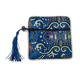 Honeyhandy Chinese Brocade Tassel Zipper Jewelry Bag Gift Pouch, Square with Flower Pattern, Marine Blue, 11.5~11.8x11.5~11.8x0.4~0.5cm