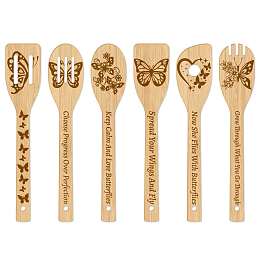 GLOBLELAND 6Pcs Bamboo Spoons & Knifes & Forks, Flatware for Dessert, Butterfly Pattern, 60x300mm, 6 style, 1pc/style, 6pcs/set