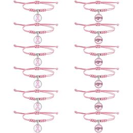 NBEADS 12 Pcs 2 Styles Pink Ribbon Braided Bracelets, Breast Cancer Awareness Glass Charms Bracelet Adjustable Bracelet for Women Breast Cancer Awareness Month Accessories Gifts