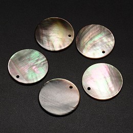 Honeyhandy Black Lip Shell Flat Round Pendants, 25x1~2mm, Hole: 1.5mm